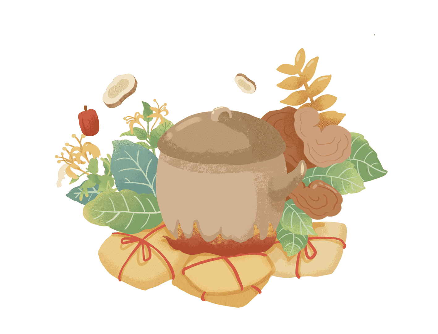 Cerek dikelilingi oleh herba dan rempah-rempah