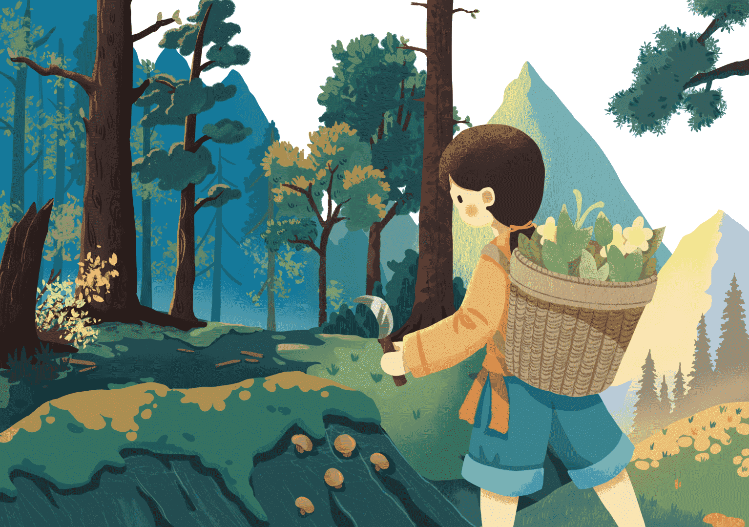 Child gathering plants in forest