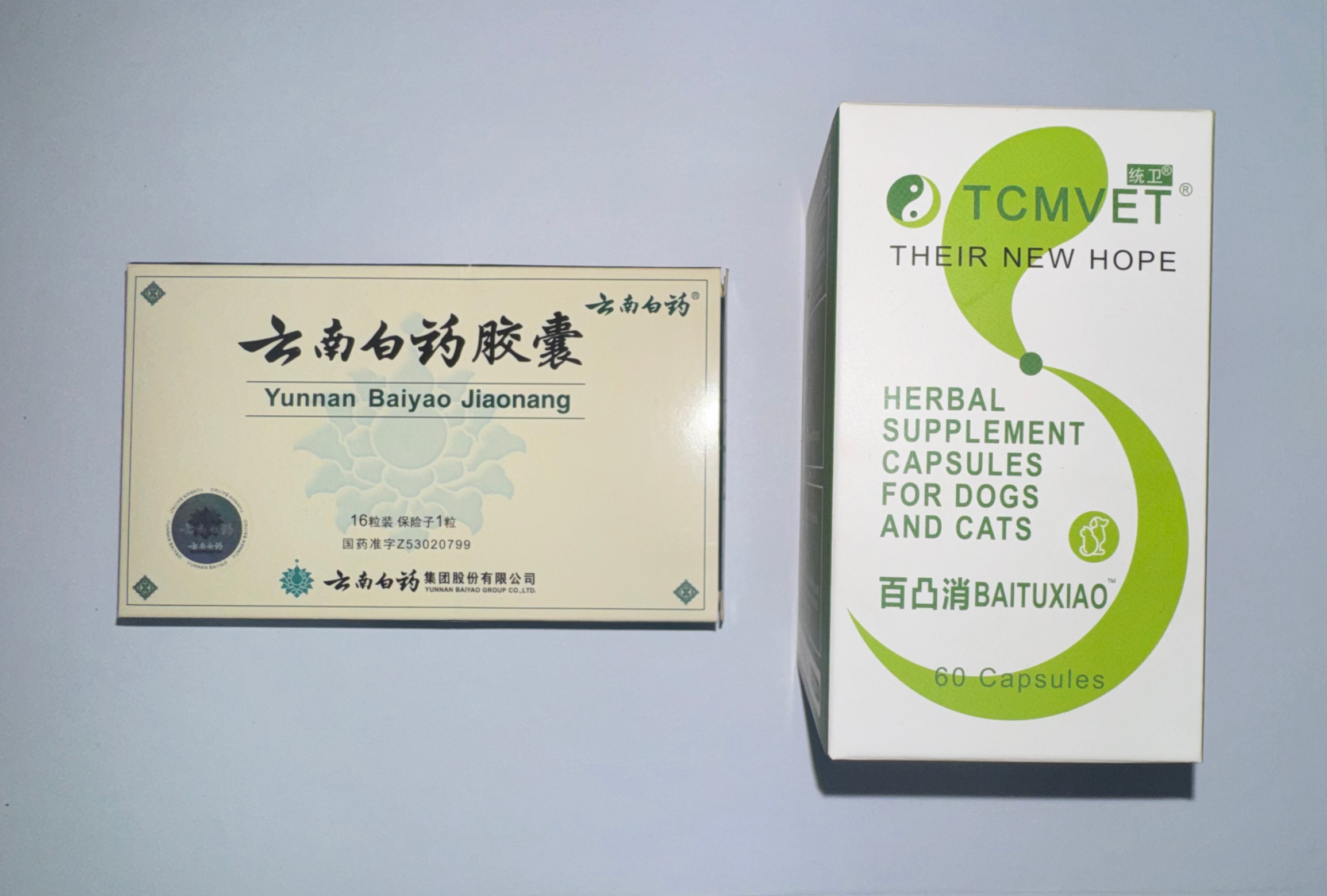 Reference photo showing Yunnan Baiyao and TCMVET Baituxiao for two-track framework: acute bleeding control and tumor management