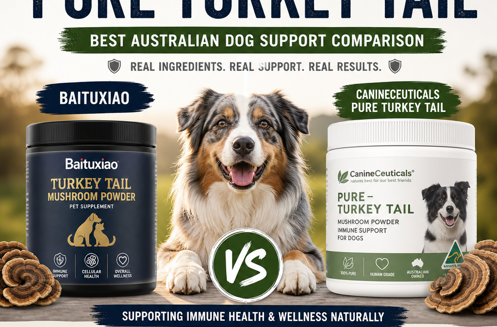 Illustration of Baituxiao vs CanineCeuticals Pure Turkey Tail: Best Australian Dog Support Comparison