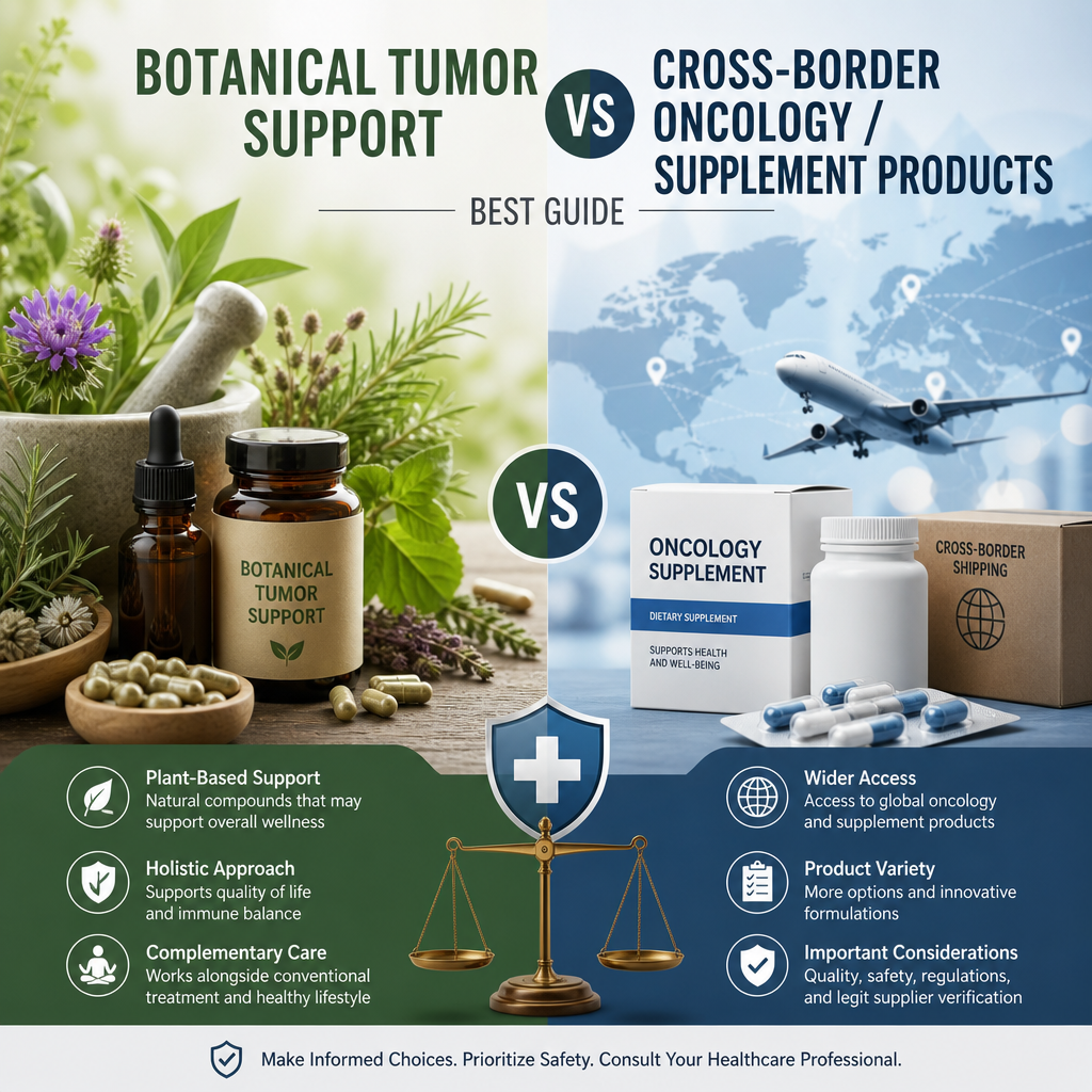botanical tumor support vs Cross-border oncology / supplement products illustration