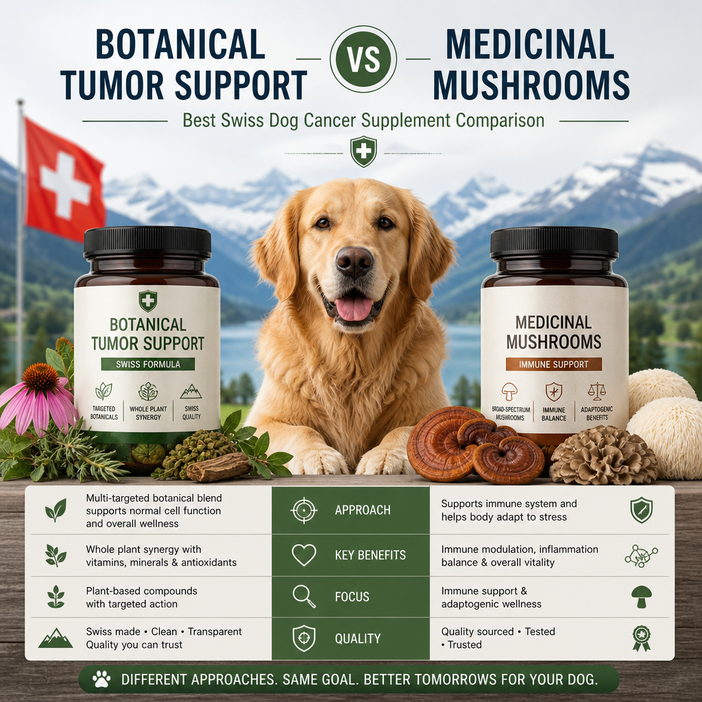 botanical tumor support vs Medicinal mushrooms / veterinary mycotherapy illustration