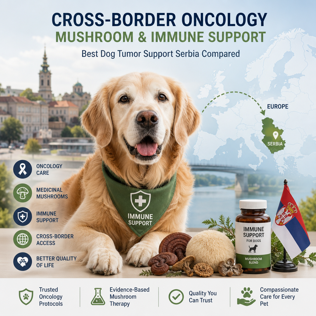 Cross-border oncology + mushroom/immune illustration
